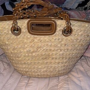 Maje Tan Woven Tote with Leather Handles